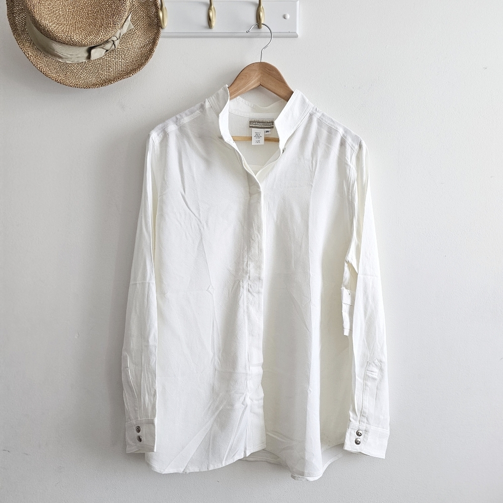 🤍 Vintage Coldwater Creek White Tencel Mandarin Collar Blouse Made in USA 14